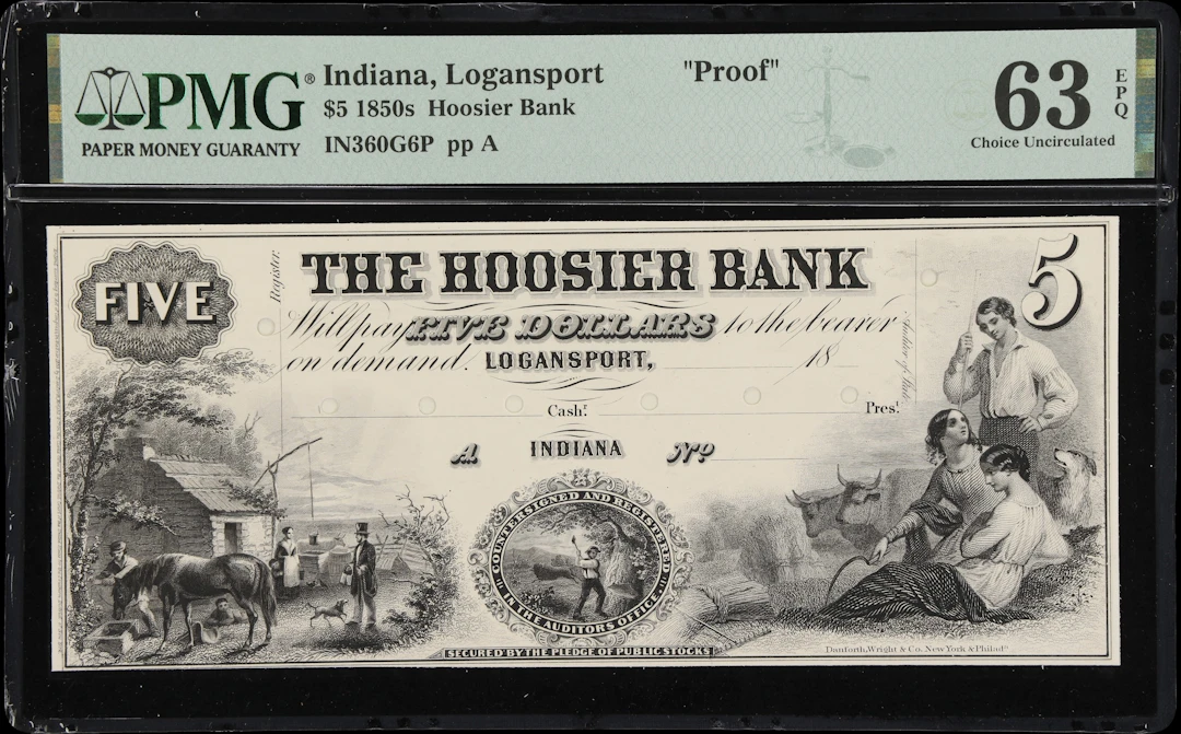 Logansport, Indiana. Hoosier Bank. 18xx $5. PMG Choice Uncirculated