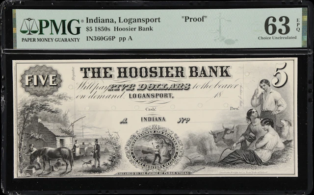 Logansport, Indiana. Hoosier Bank. 18xx $5. PMG Choice Uncirculated
