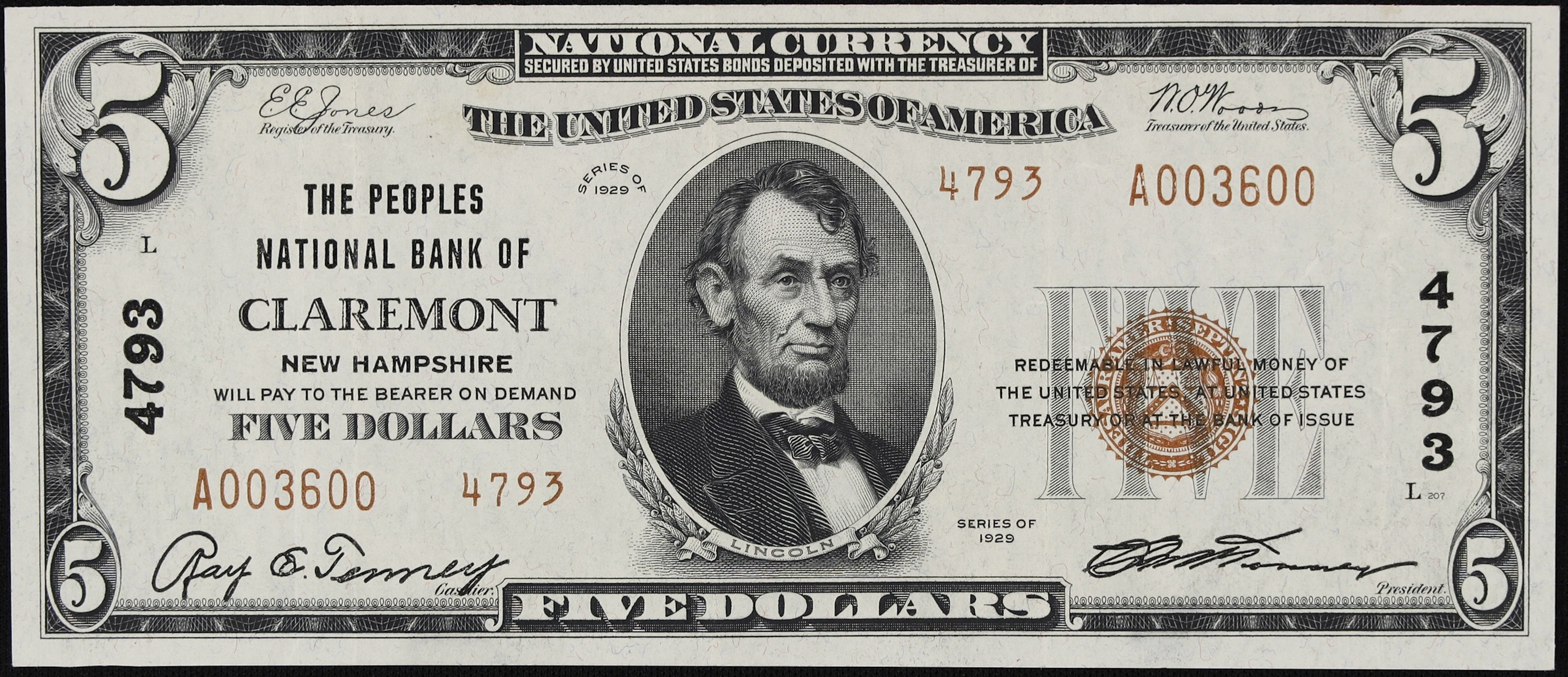 Claremont, New Hampshire. $5 1929 Ty. 2. Fr. 1800-2. The Peoples NB.