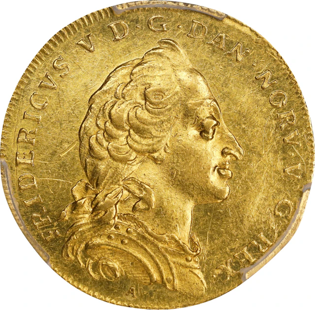 (◊) DENMARK. Ducat, 1758-A/VH. Copenhagen Mint. Frederik V. PCGS MS-61.