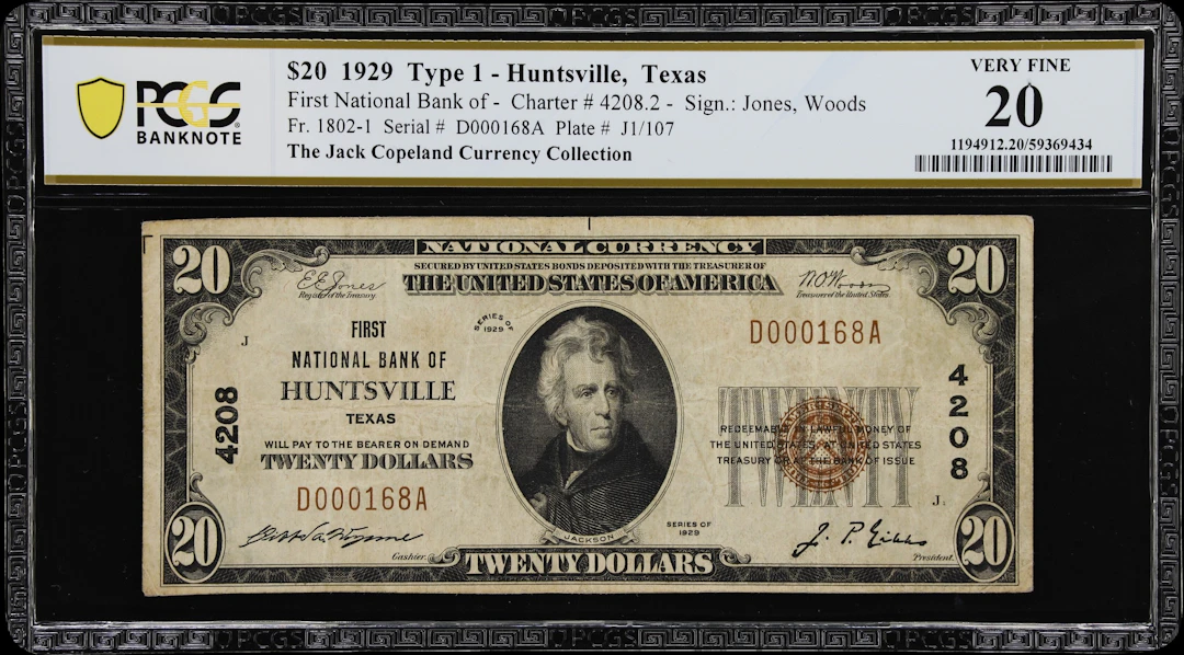 Huntsville, Texas. $20 1929 Ty. 1. Fr. 1802-1. First NB. Charter #4208.