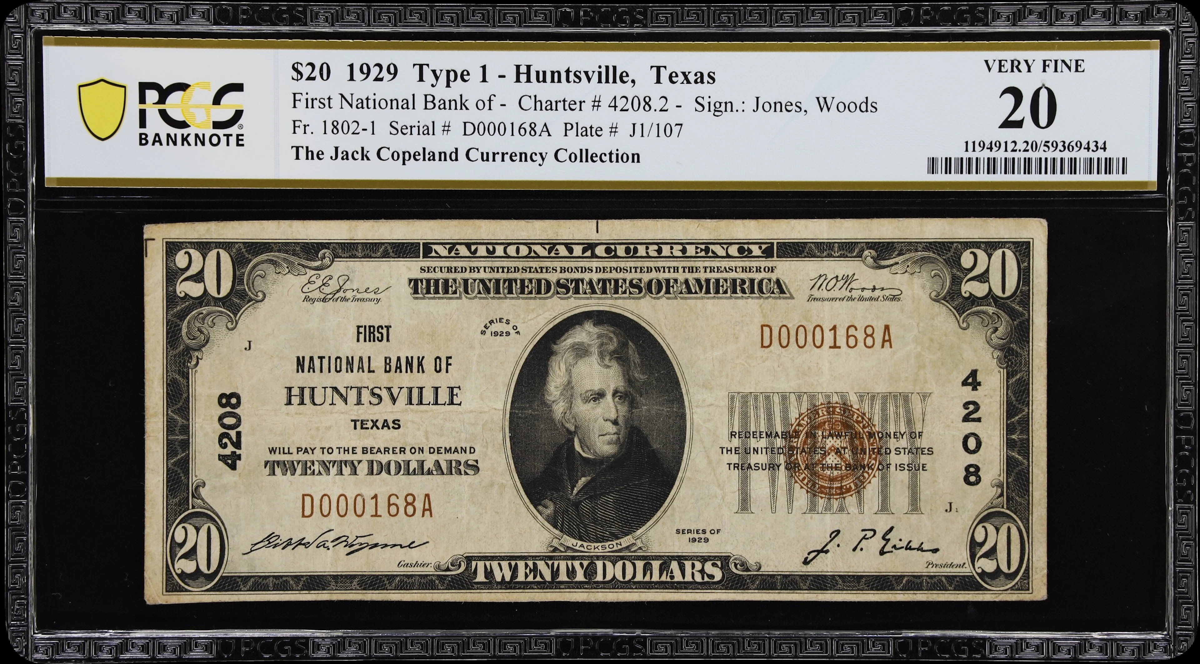 Huntsville, Texas. $20 1929 Ty. 1. Fr. 1802-1. First NB. Charter #4208.
