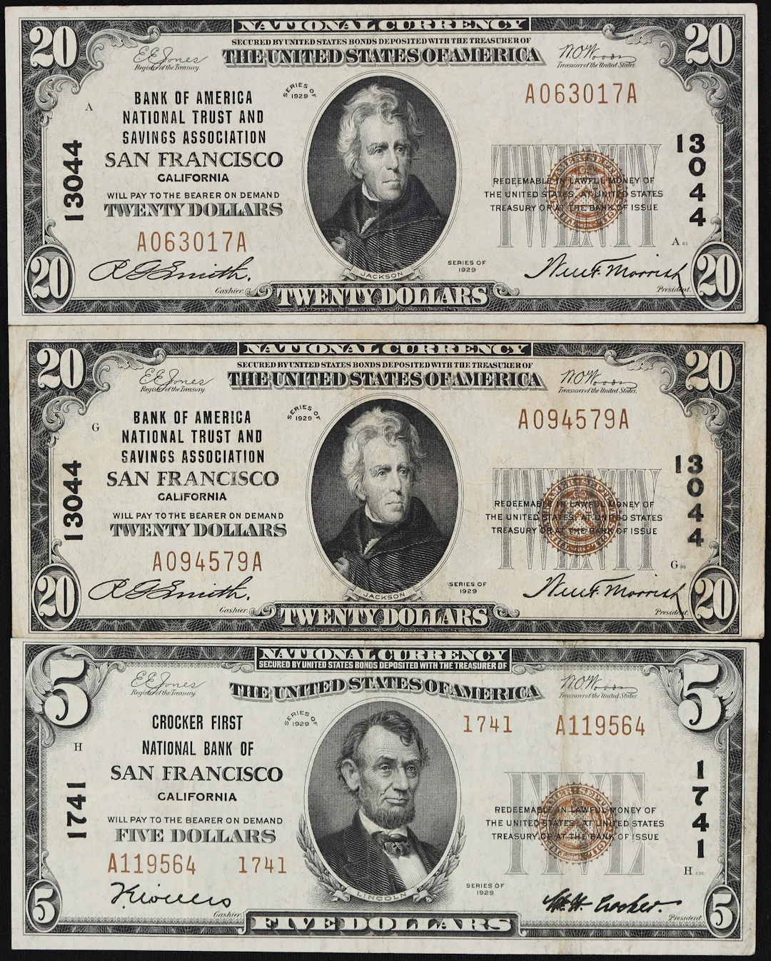 Lot of (3) San Francisco, California. $5 & $20 1929 Ty. 1 & Ty. 2.