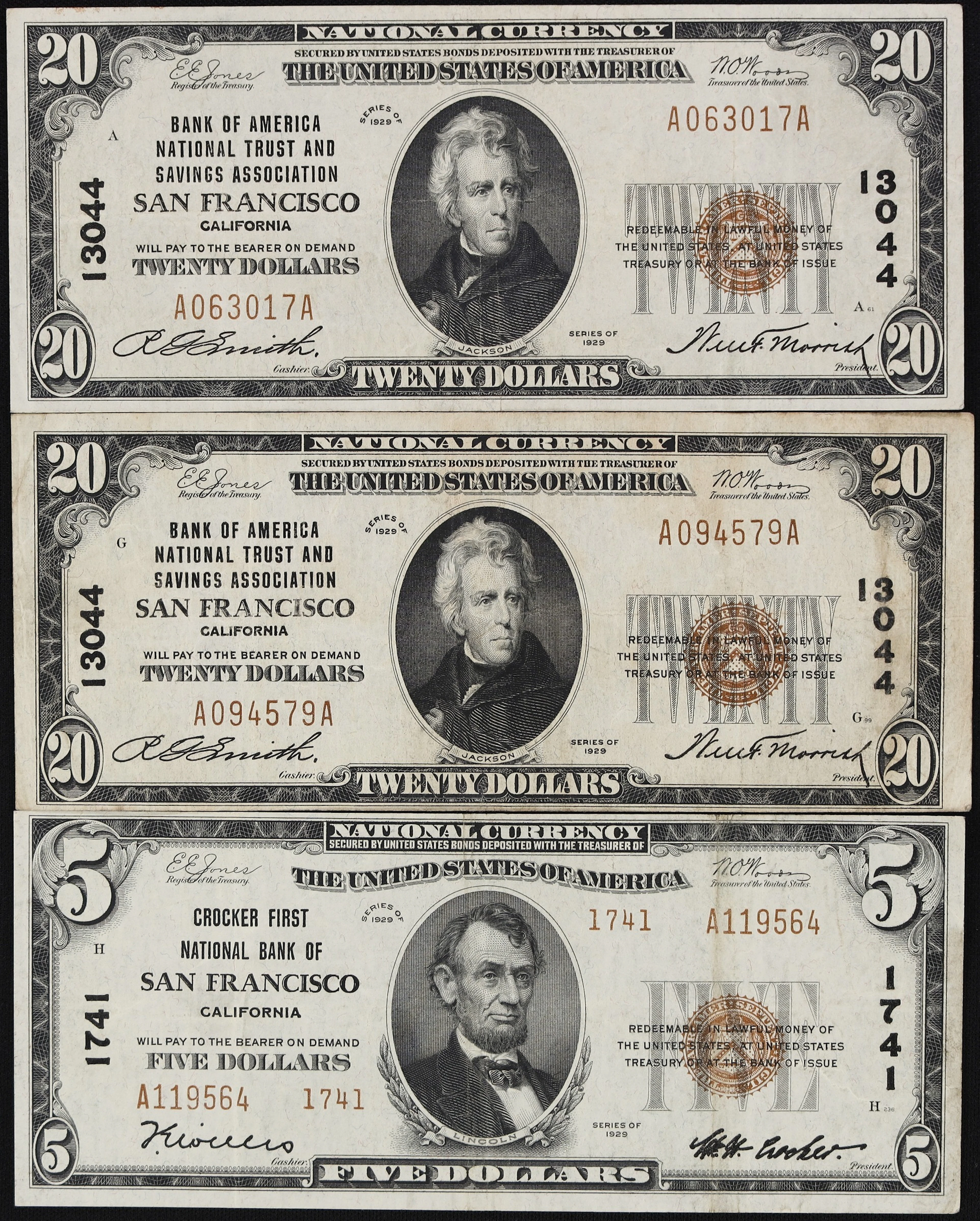 Lot of (3) San Francisco, California. $5 & $20 1929 Ty. 1 & Ty. 2.