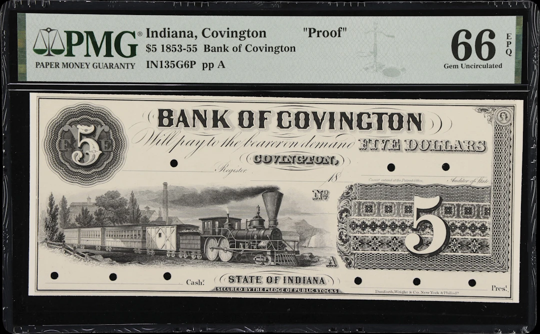 Covington, Indiana. Bank of Covington. 18xx $5. PMG Gem Uncirculated