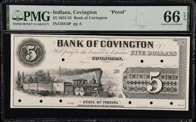 Covington, Indiana. Bank of Covington. 18xx $5. PMG Gem Uncirculated
