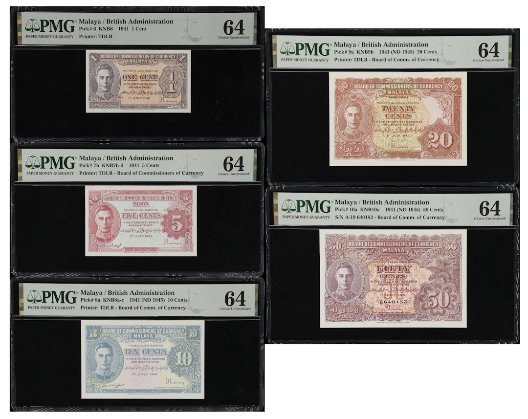 MALAYA. Lot of (5). Board of Commissioners of Currency. 1, 5, 10