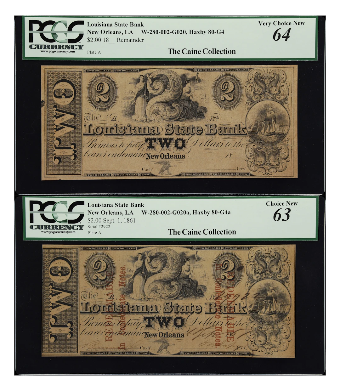 Lot of (2) New Orleans, Louisiana. Louisiana State Bank. 18xx-61 $2.