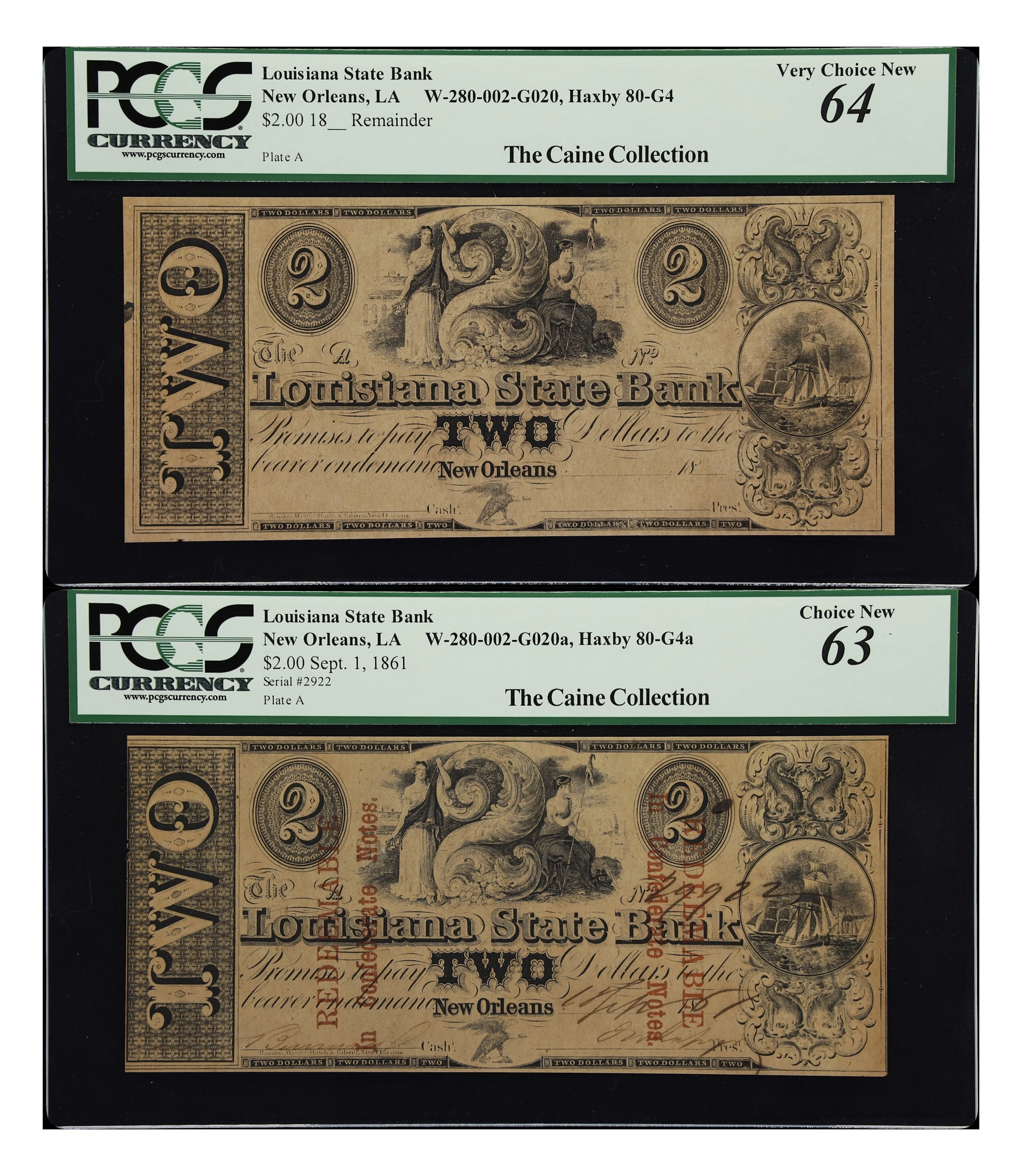 Lot of (2) New Orleans, Louisiana. Louisiana State Bank. 18xx-61 $2.
