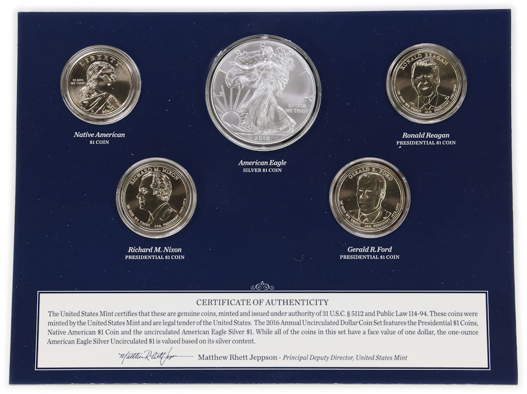(1 oz, 31.104 g ASW). 2016 U.S. Mint Annual Uncirculated Dollar Five-Coin Set.