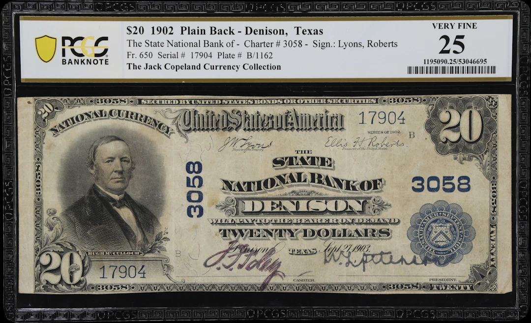 Denison, Texas. $20 1902 Plain Back. Fr. 650. State NB. Charter #3058.