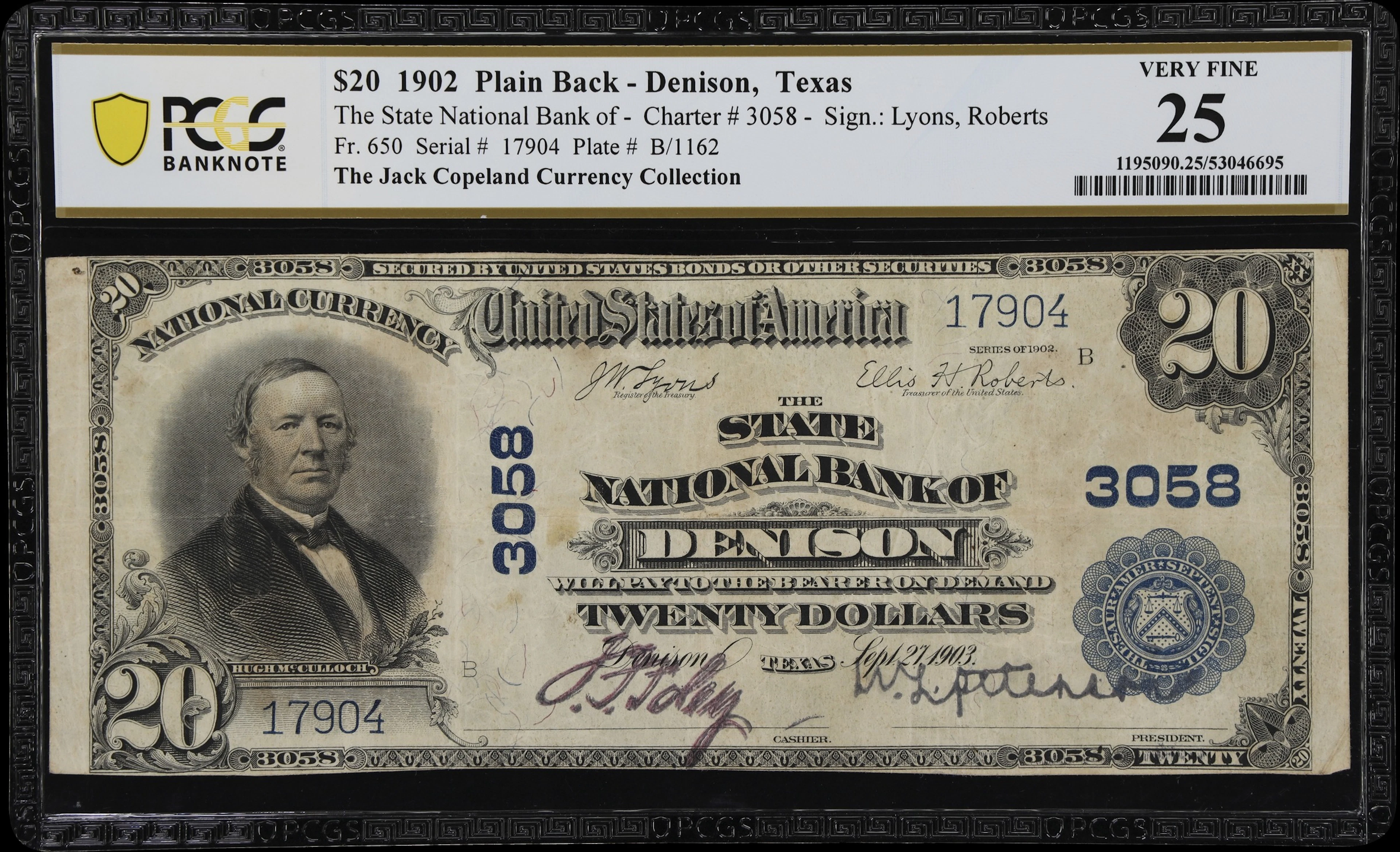 Denison, Texas. $20 1902 Plain Back. Fr. 650. State NB. Charter #3058.