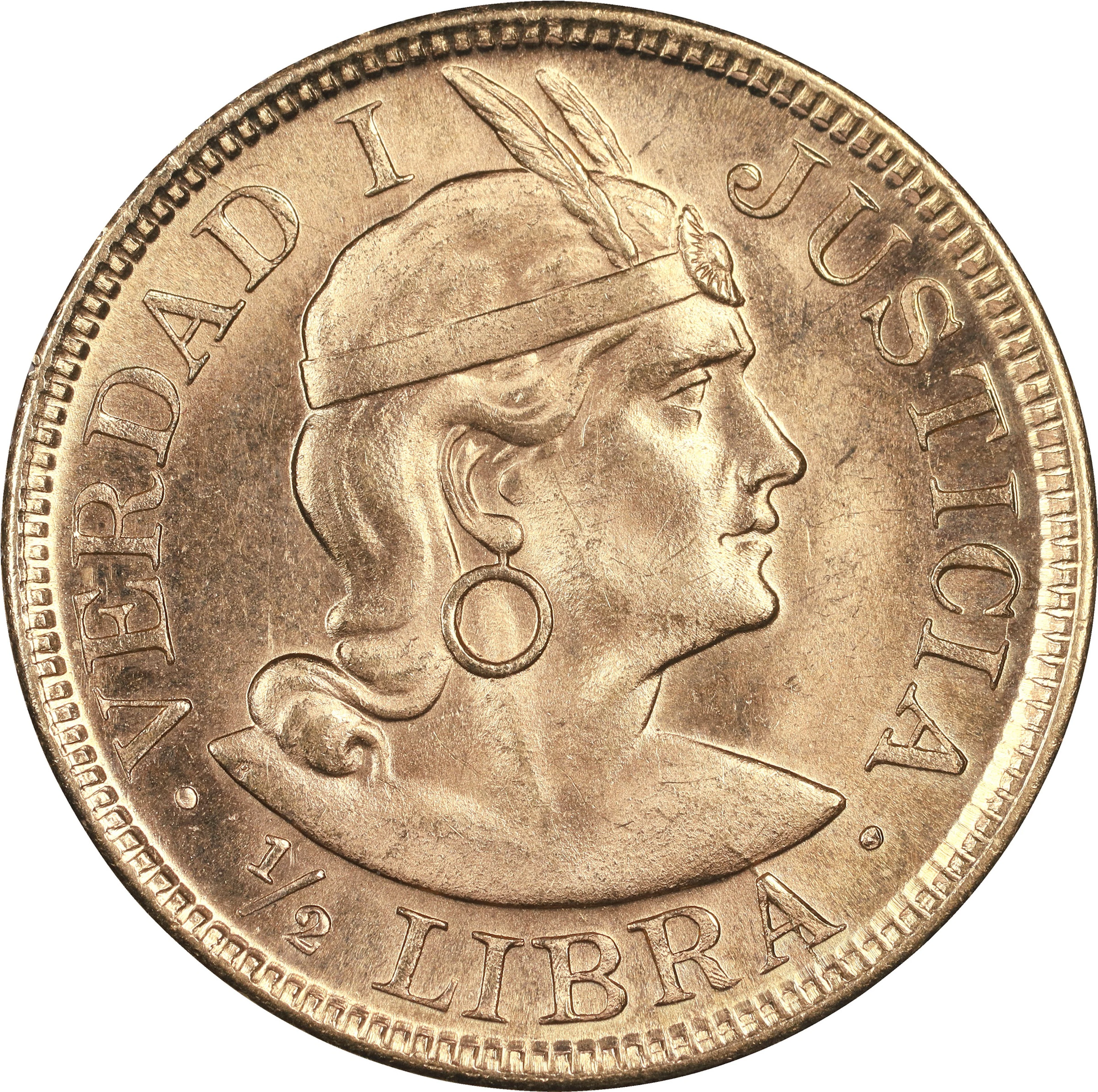 (0.118 oz, 3.67 g AGW). Peru. 1966 Gold 1/2 Libra.