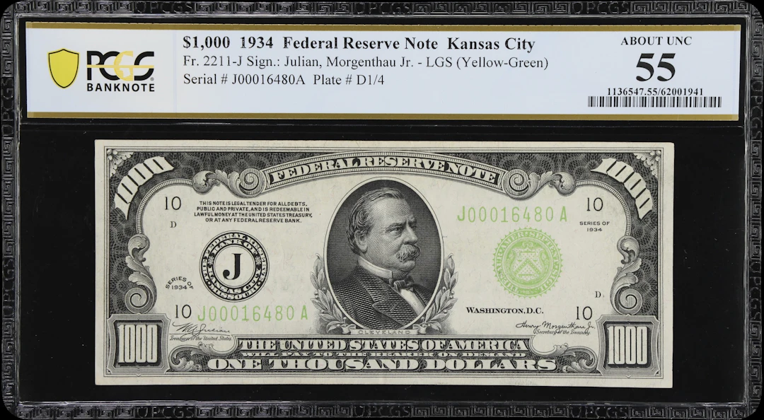 Fr. 2211-J. 1934 Light Green Seal $1000 Federal Reserve Note. Kansas