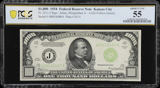 Fr. 2211-J. 1934 Light Green Seal $1000 Federal Reserve Note. Kansas