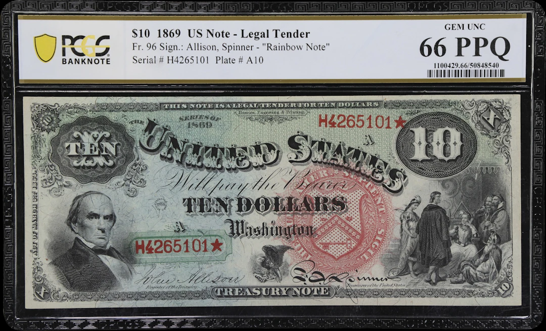 Fr. 96. 1869 $10 Legal Tender Note. PCGS Banknote Gem Uncirculated 66 PPQ.