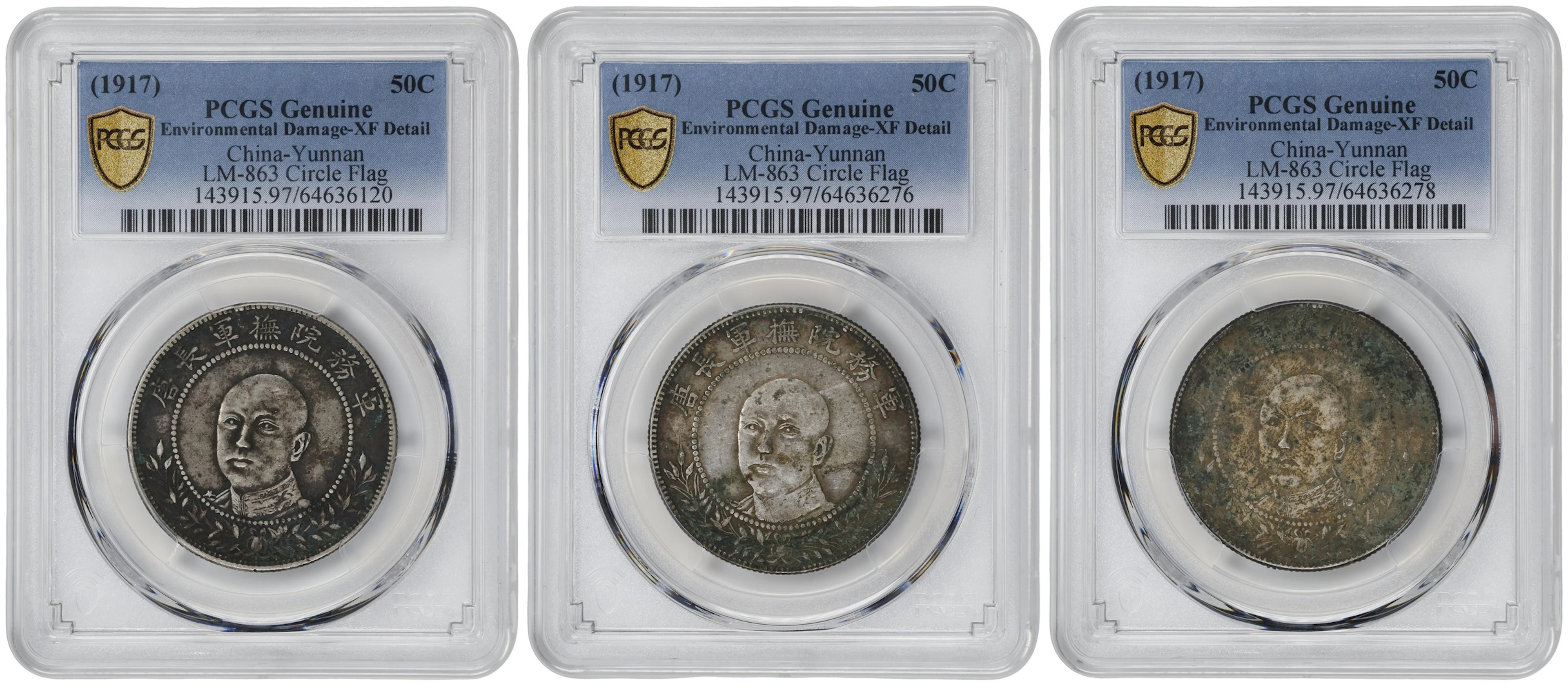 (t) CHINA. Yunnan. Trio of 3 Mace 6 Candareens (50 Cents) (3 Pieces)