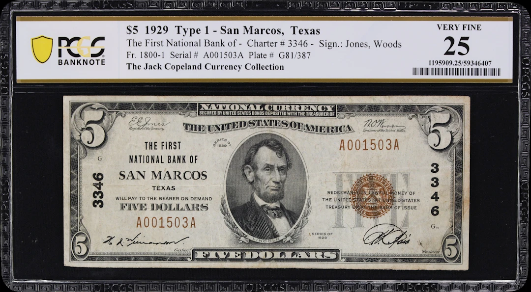San Marcos, Texas. $5 1929 Ty. 1. Fr. 1800-1. First NB. Charter #3346.