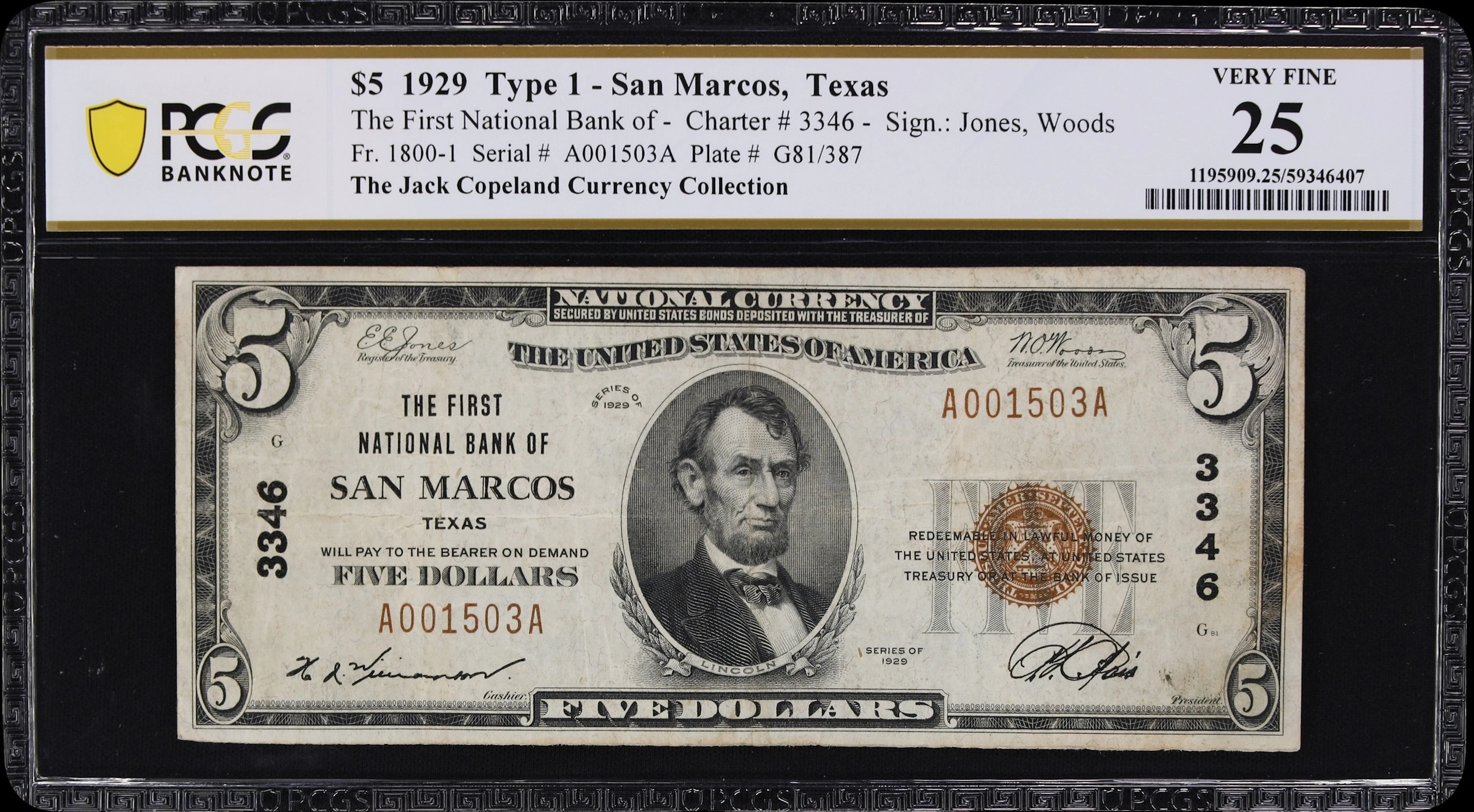 San Marcos, Texas. $5 1929 Ty. 1. Fr. 1800-1. First NB. Charter #3346.