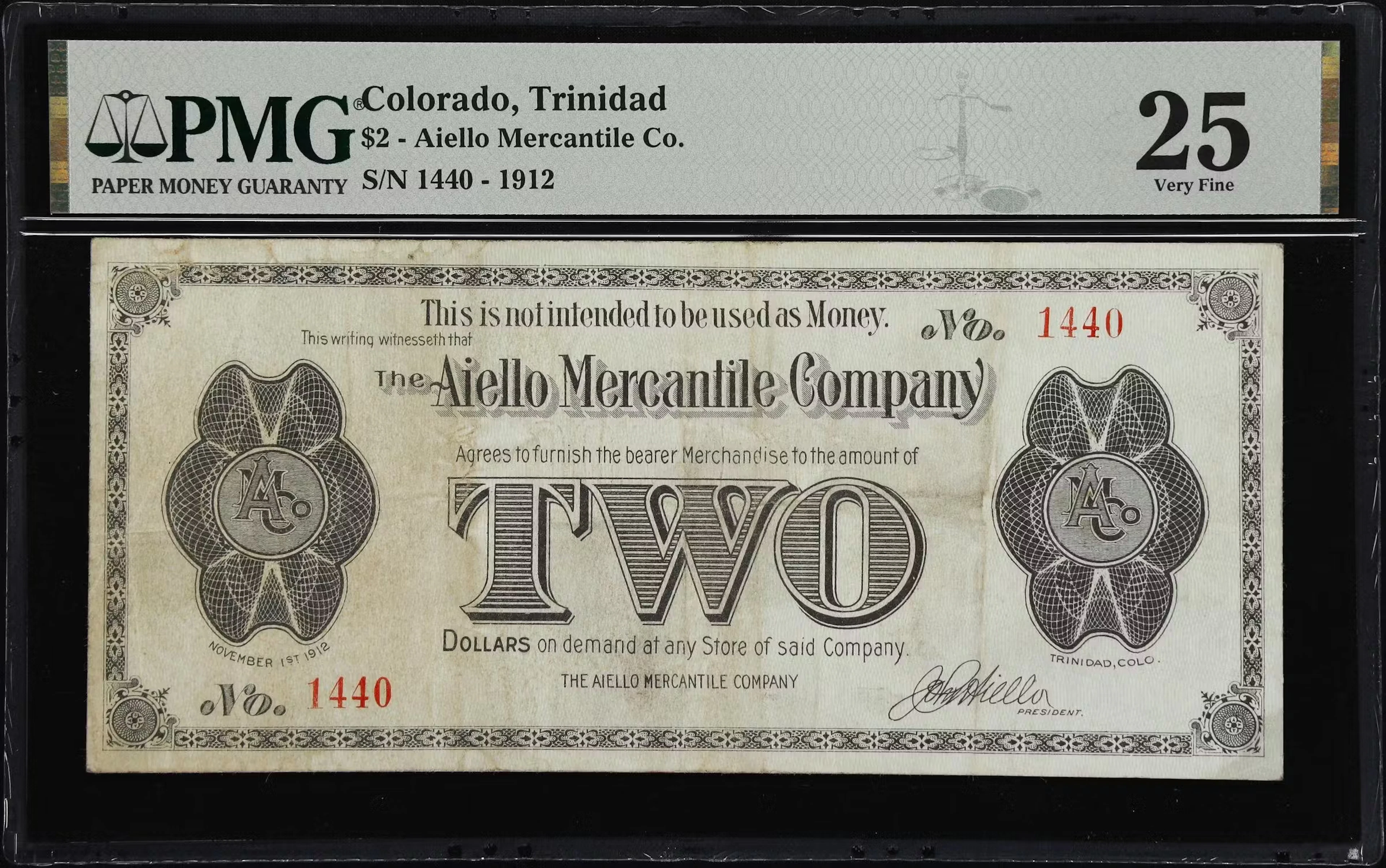 Trinidad, Colorado. Aiello Mercantile Company. 1912 $2. PMG Very Fine 25.