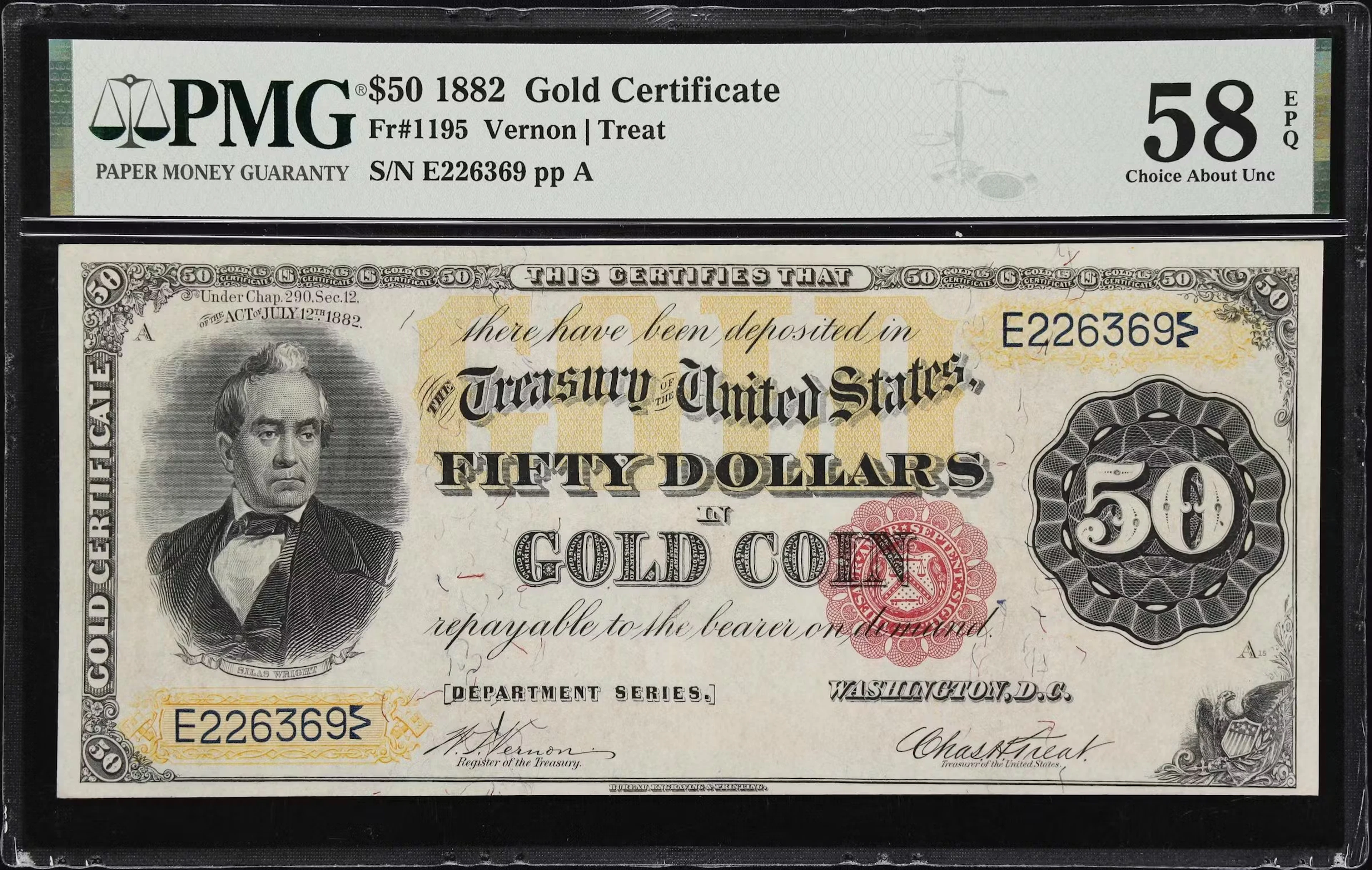 Fr. 1195. 1882 $50 Gold Certificate. PMG Choice About Uncirculated 58 EPQ.