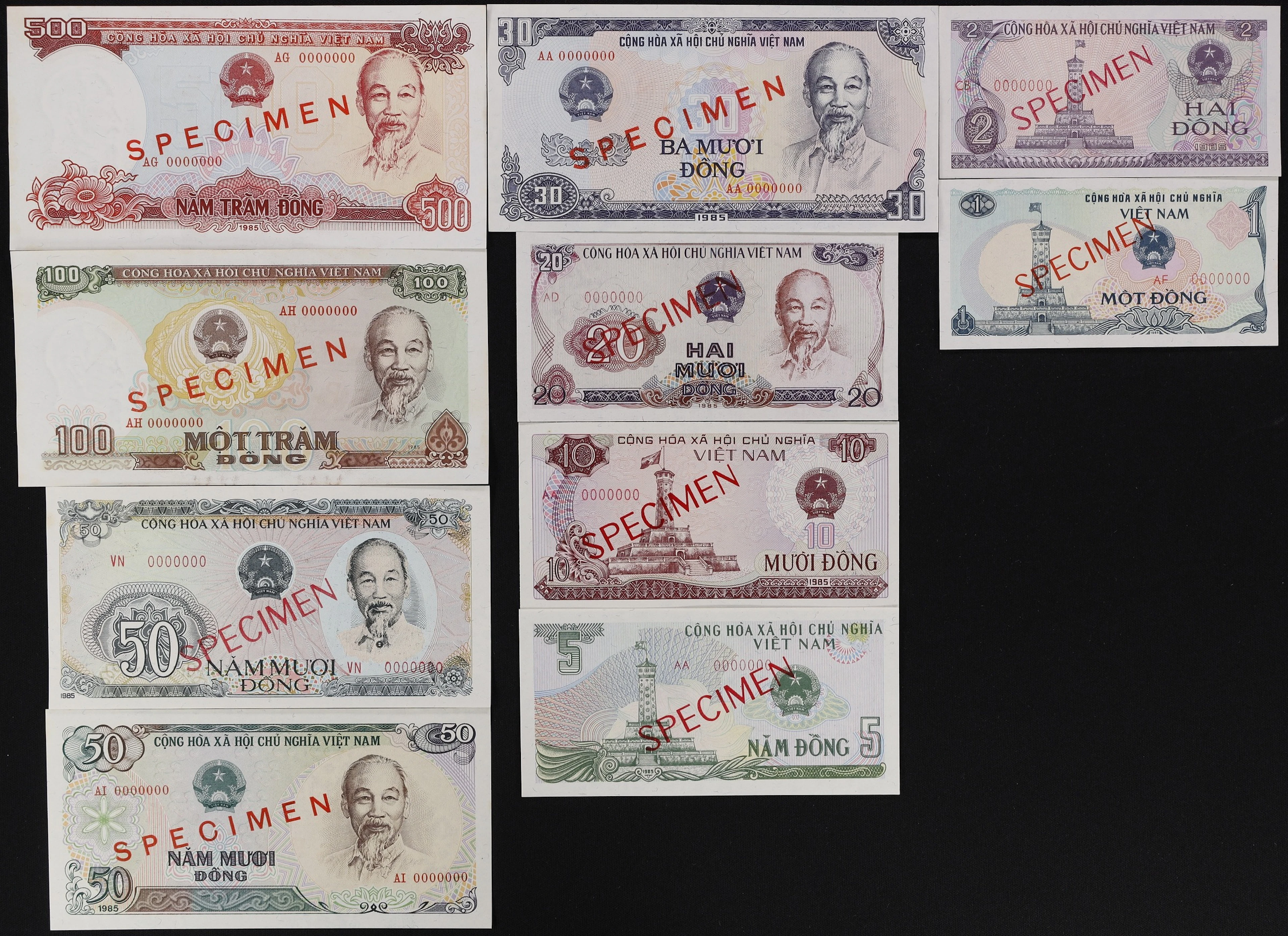 VIETNAM. Lot of (10). State Bank of Vietnam. 1 to 500 Dong, 1985.