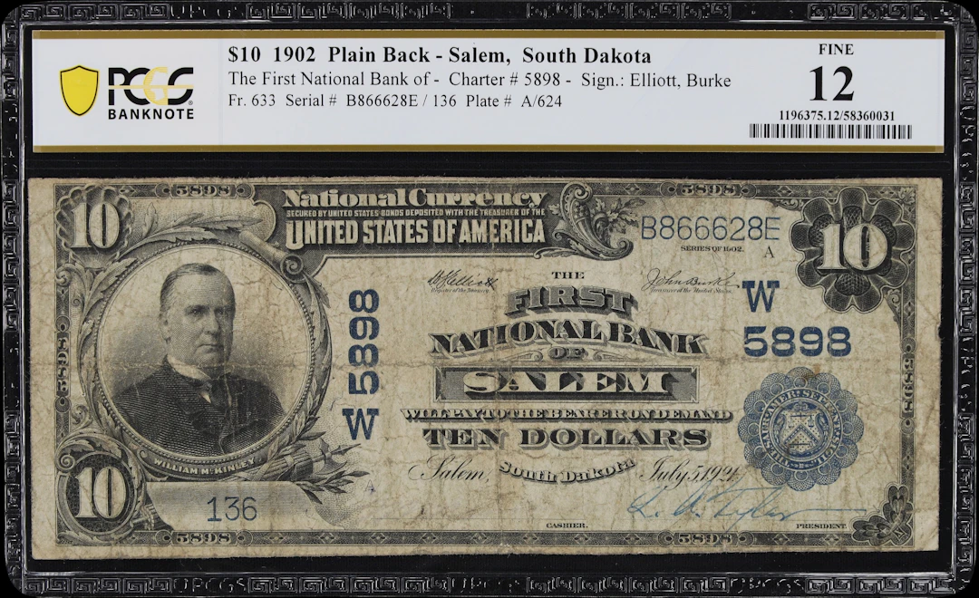 Salem, South Dakota. $10 1902 Plain Back. Fr. 633. First NB. Charter