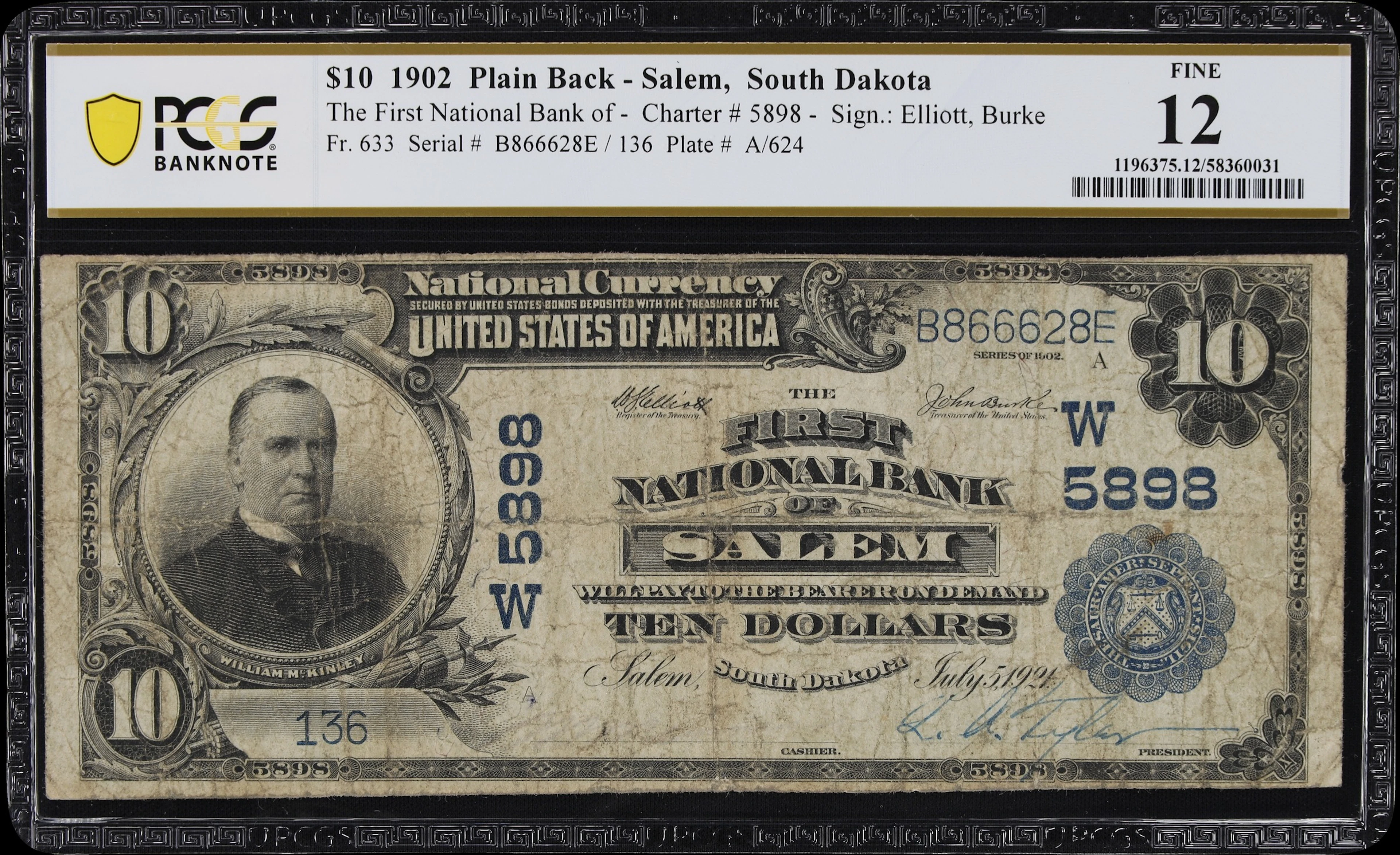 Salem, South Dakota. $10 1902 Plain Back. Fr. 633. First NB. Charter