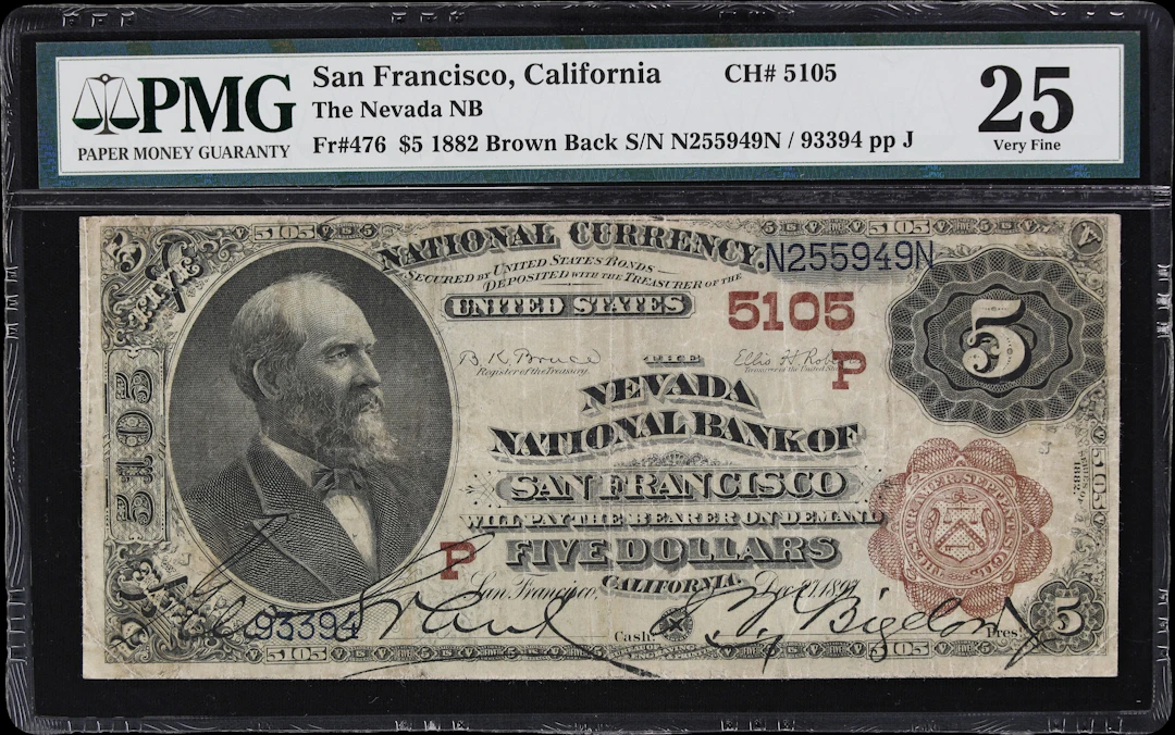 San Francisco, California. $5 1882 Brown Back. Fr. 476. Nevada NB.