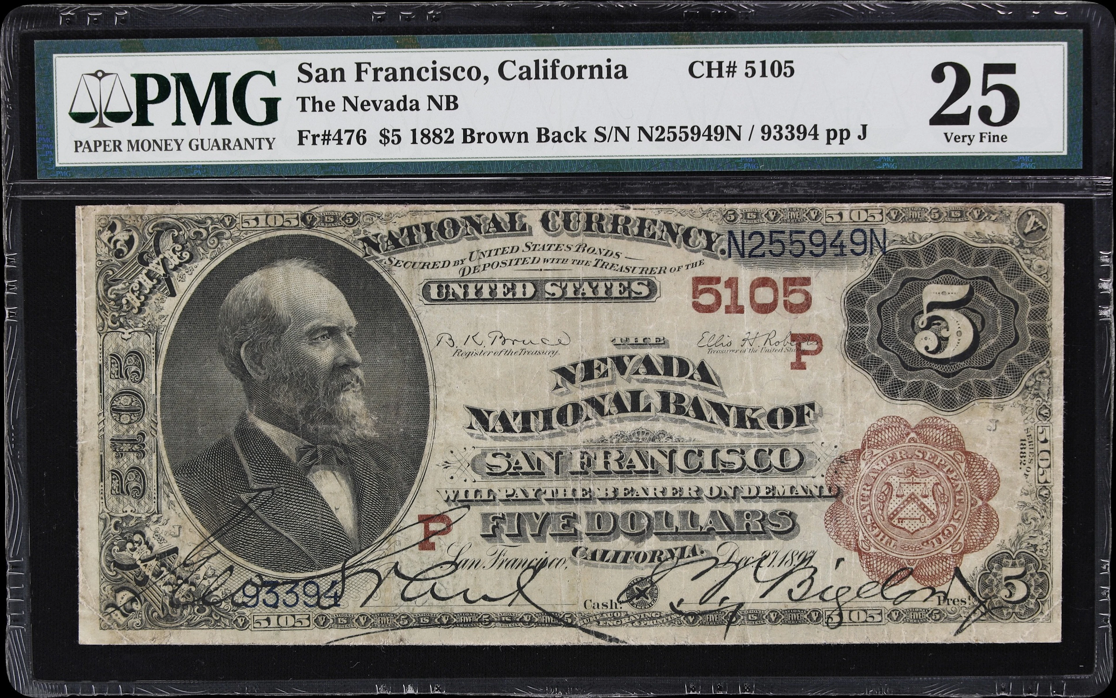 San Francisco, California. $5 1882 Brown Back. Fr. 476. Nevada NB.