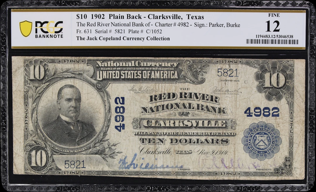 Clarksville, Texas. $10 1902 Plain Back. Fr. 631. Red River NB. Charter