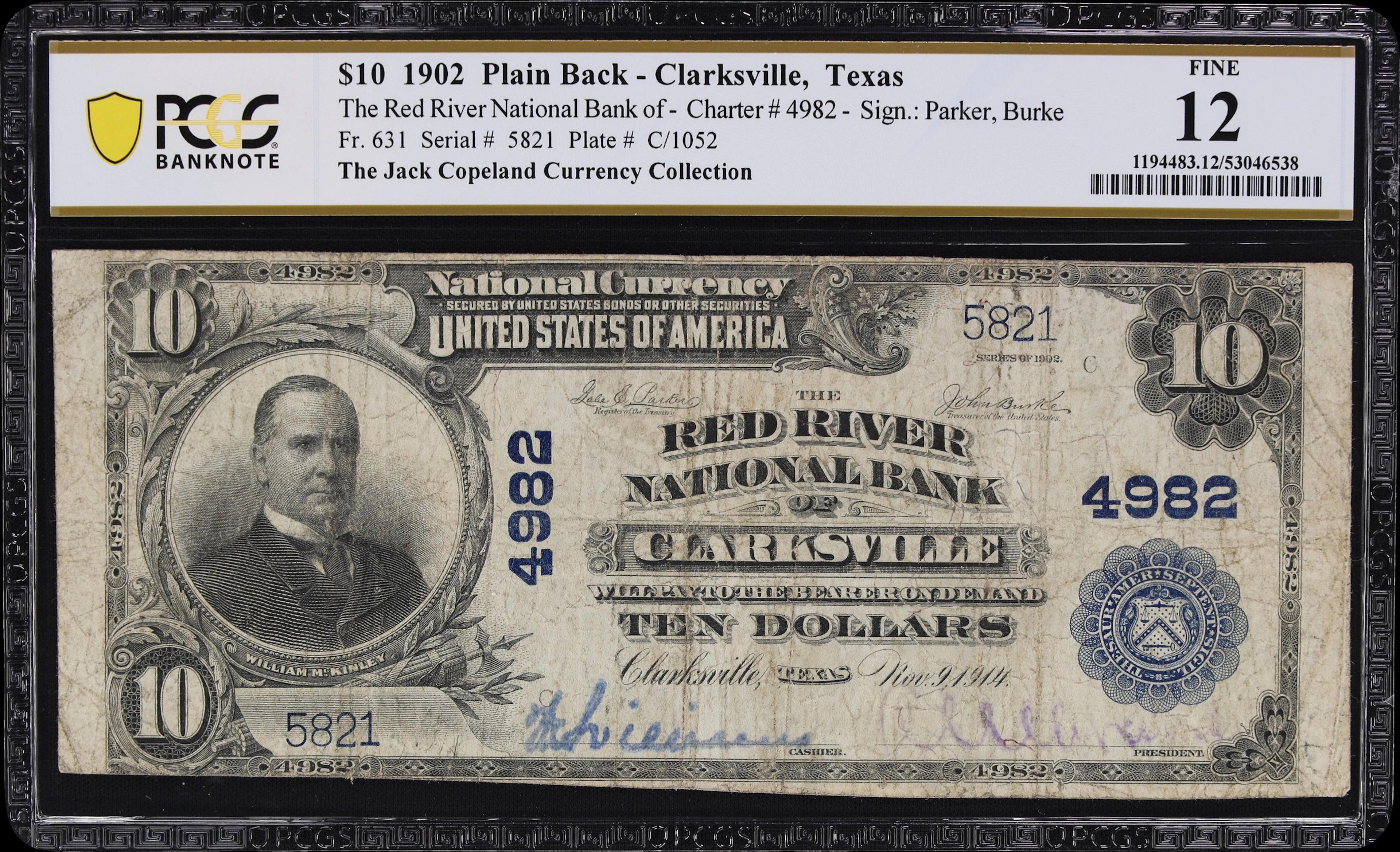 Clarksville, Texas. $10 1902 Plain Back. Fr. 631. Red River NB. Charter