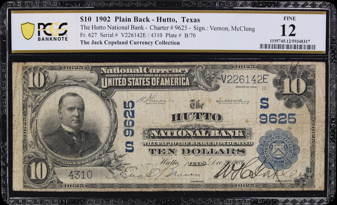 Hutto, Texas. $10 1902 Plain Back. Fr. 627. Hutto NB. Charter #9625.