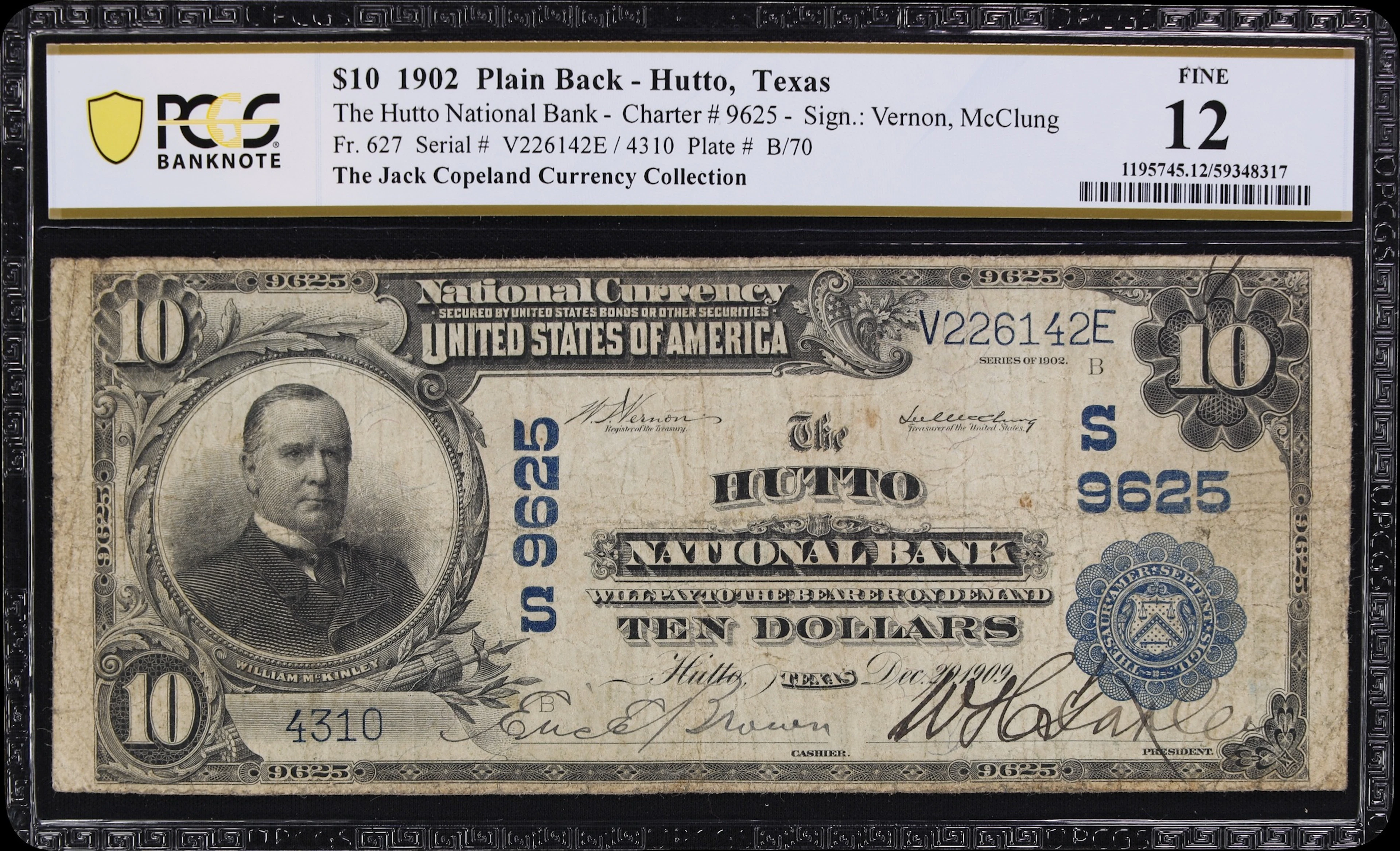 Hutto, Texas. $10 1902 Plain Back. Fr. 627. Hutto NB. Charter #9625.