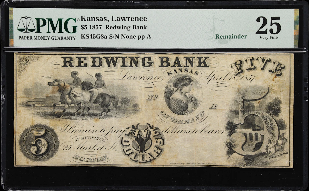 Lawrence, Territory of Kansas. Redwing Bank. 1857 $5. PMG Very Fine