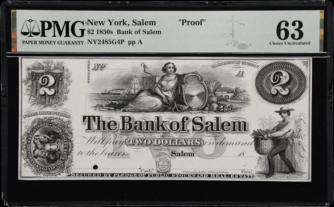 Salem, New York. Bank of Salem. 18xx $2. PMG Choice Uncirculated 63. Proof.