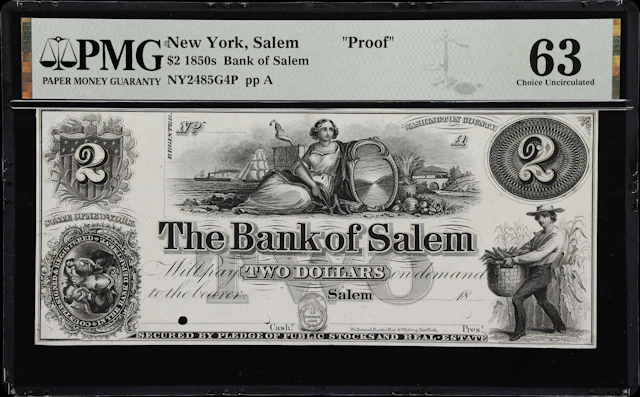 Salem, New York. Bank of Salem. 18xx $2. PMG Choice Uncirculated 63. Proof.