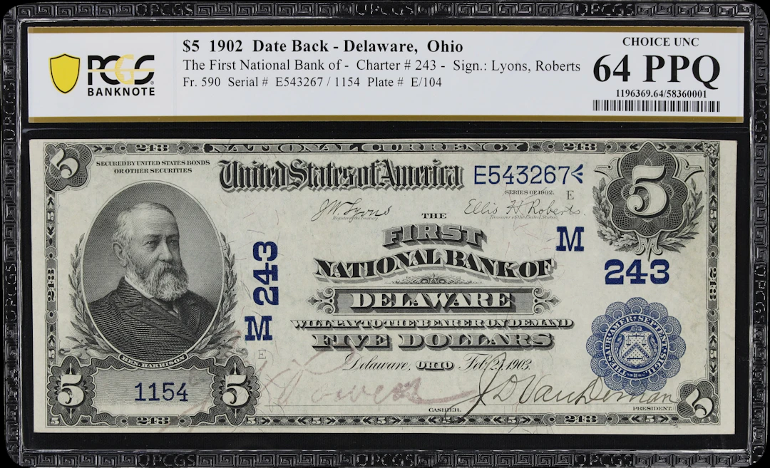 Delaware, Ohio. $5 1902 Date Back. Fr. 590. First NB. Charter #243.