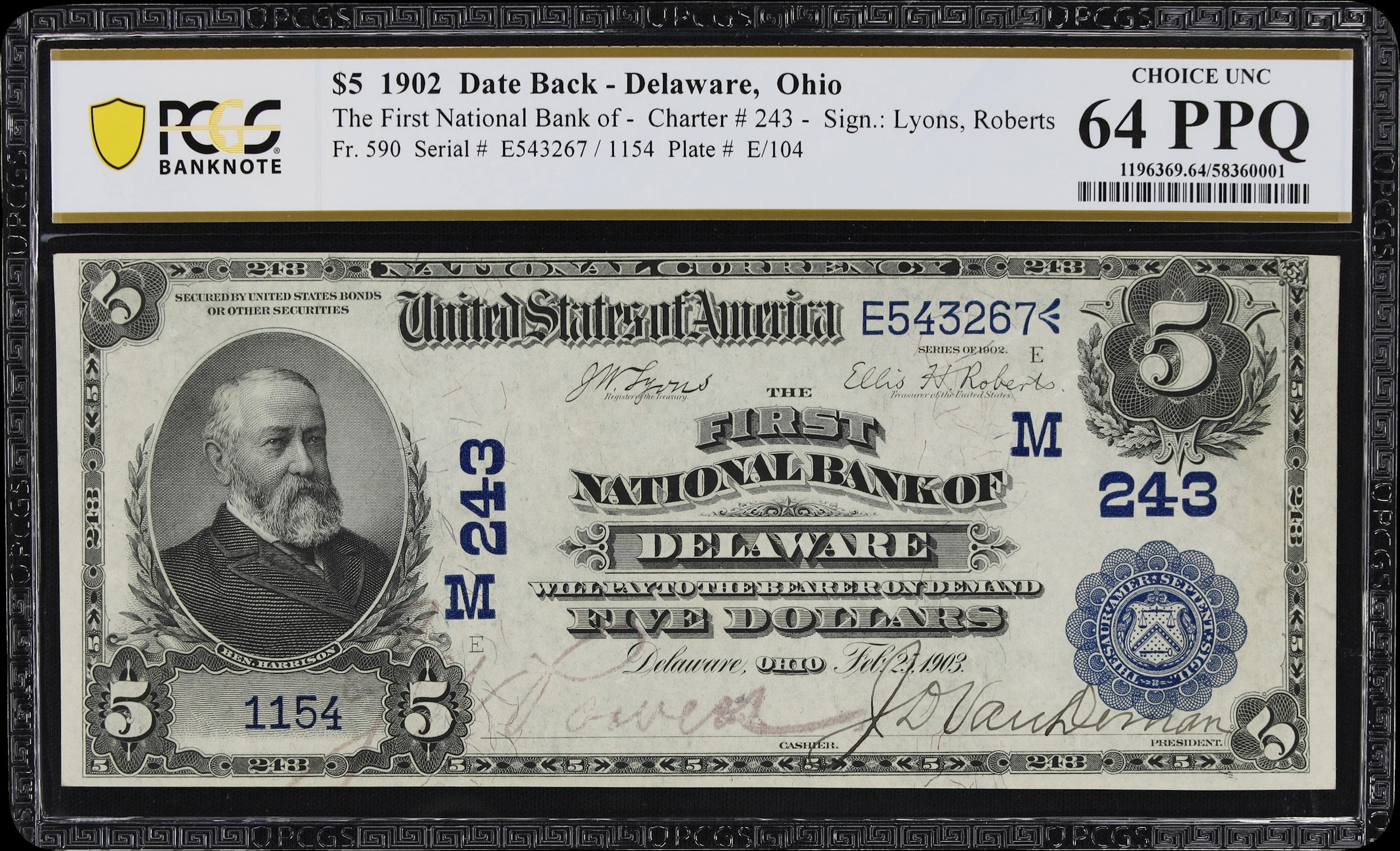 Delaware, Ohio. $5 1902 Date Back. Fr. 590. First NB. Charter #243.