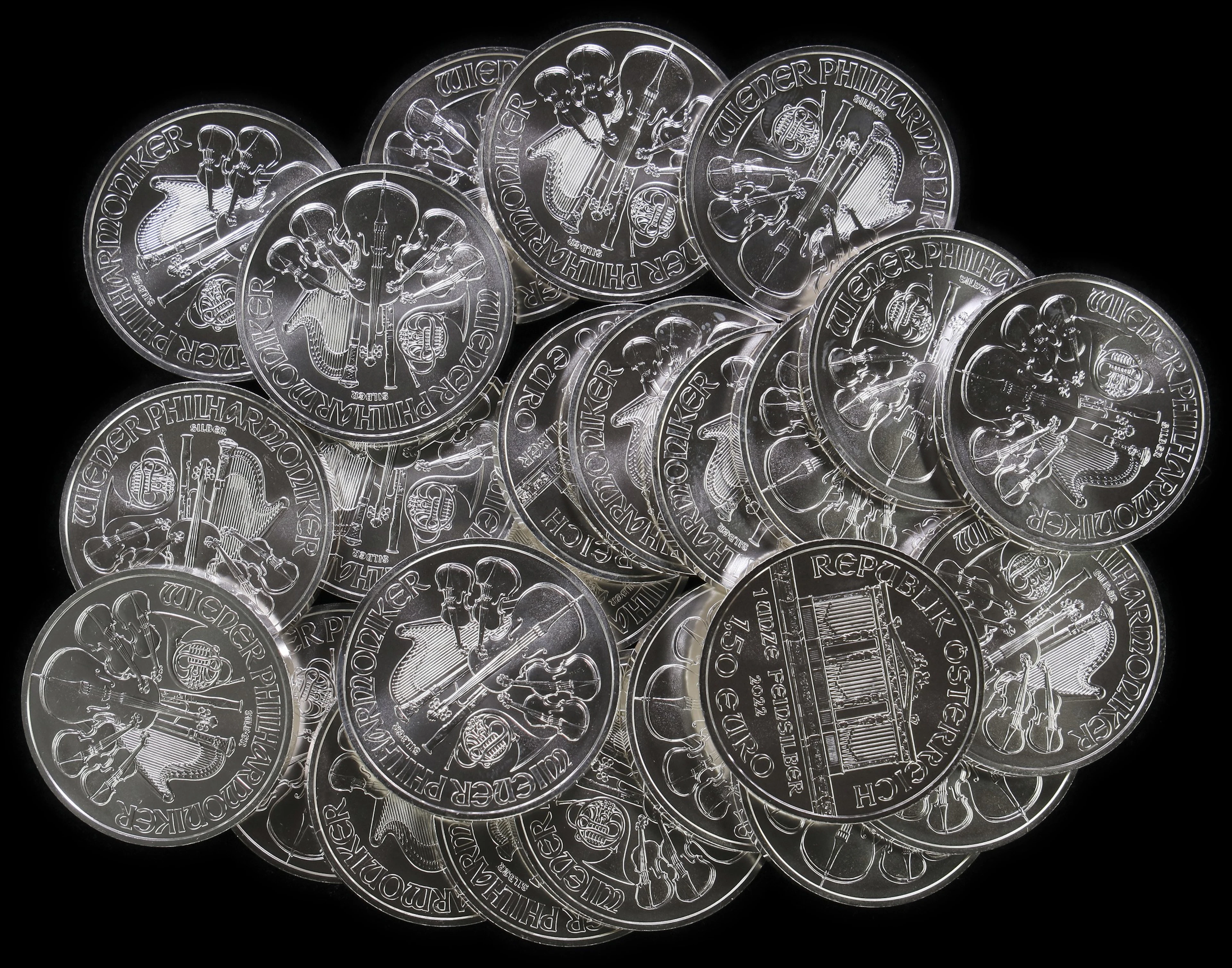 (25 oz, 777.6 g ASW). Austria. Lot of (25) 2022 1 oz Silver Philharmonics.