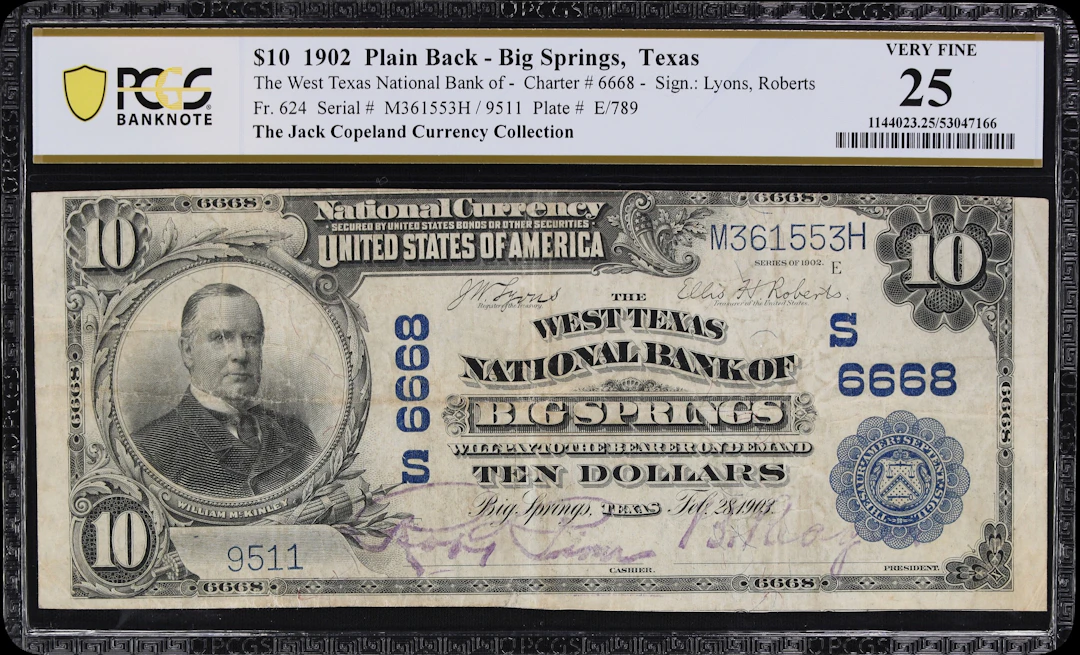 Big Springs, Texas. $10 1902 Plain Back. Fr. 624. West Texas NB. Charter