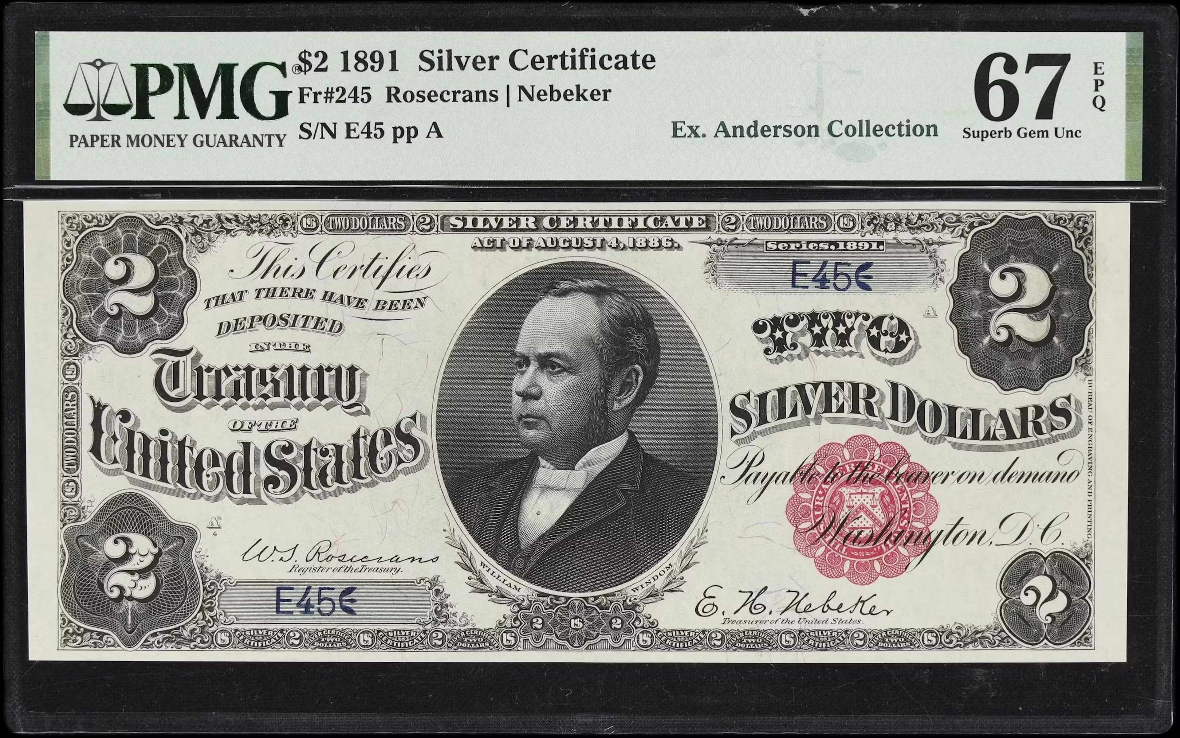 Fr. 245. 1891 $2 Silver Certificate. PMG Superb Gem Uncirculated 67