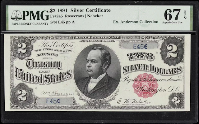Fr. 245. 1891 $2 Silver Certificate. PMG Superb Gem Uncirculated 67