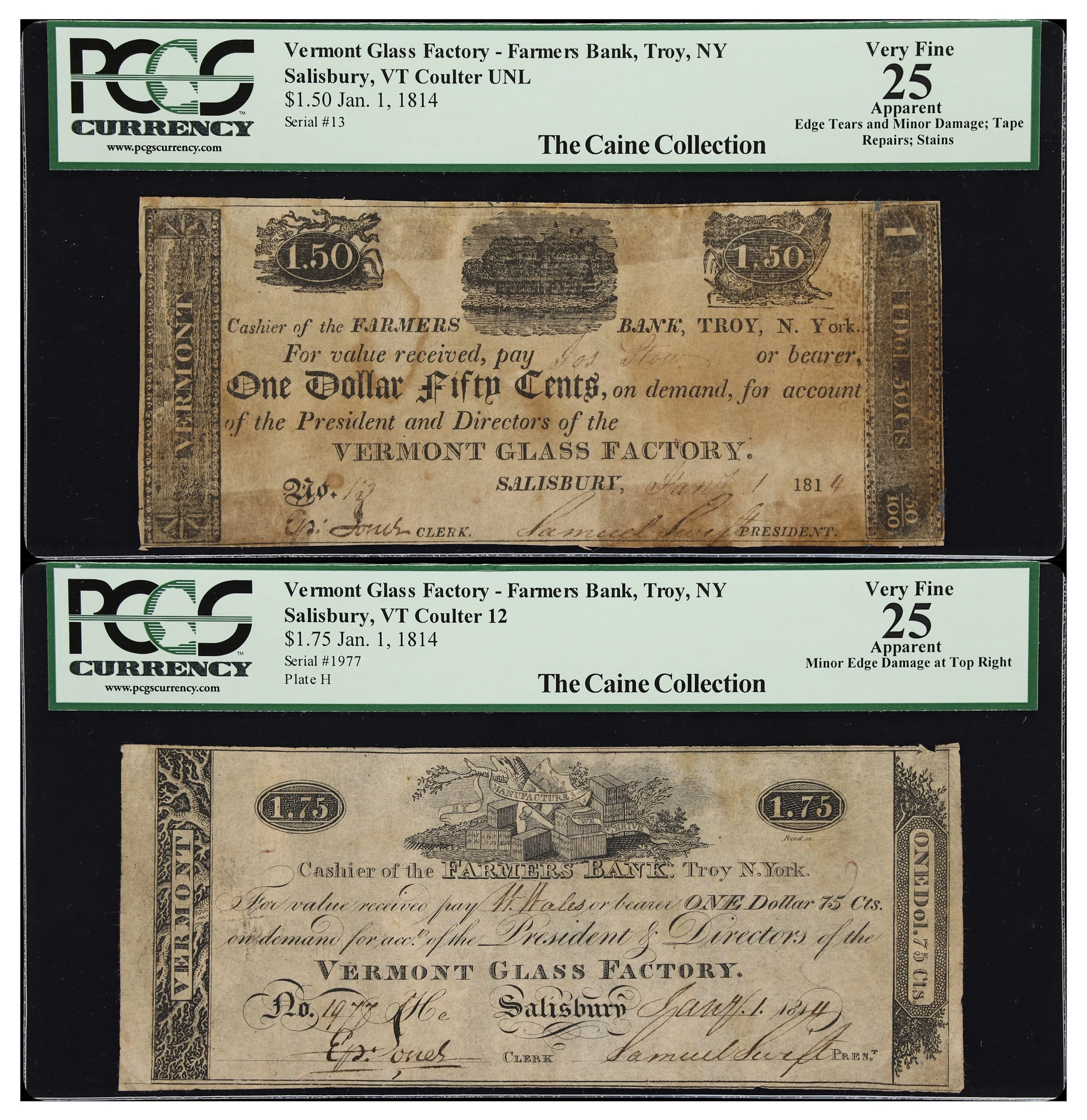 Lot of (2) Salisbury, Vermont. Vermont Glass Factory. 1814 $1.50 &