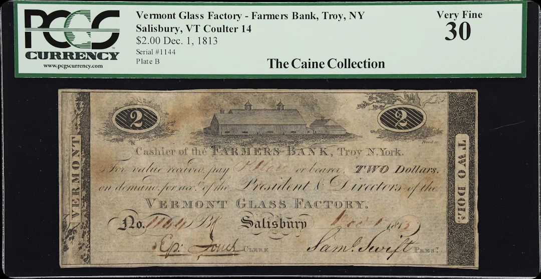 Salisbury, Vermont. Vermont Glass Factory. 1813 $2. PCGS Currency Very Fine 30.