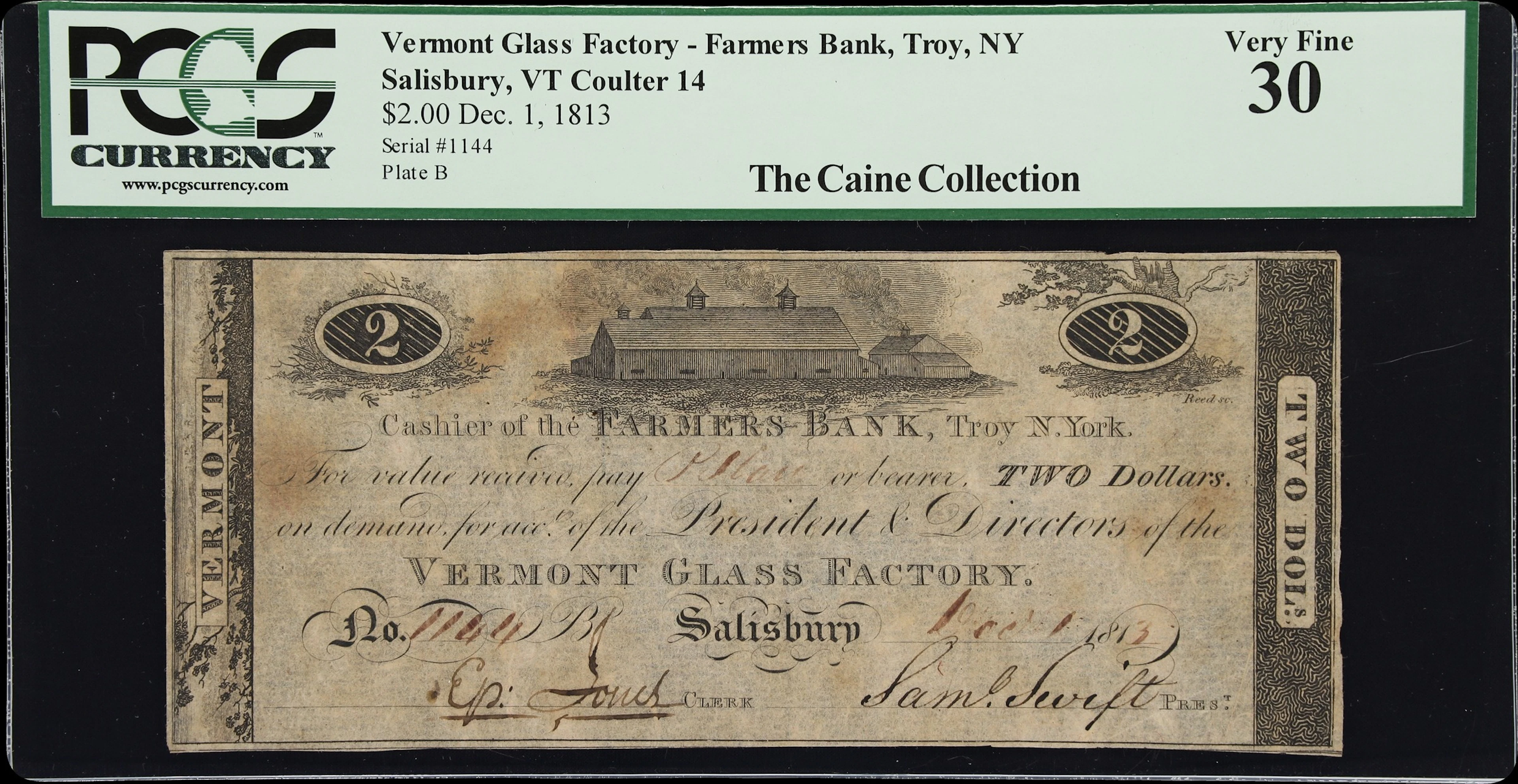 Salisbury, Vermont. Vermont Glass Factory. 1813 $2. PCGS Currency Very Fine 30.