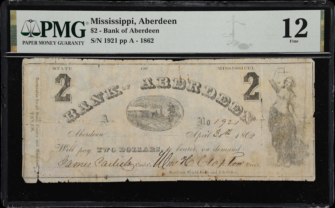 Aberdeen, Mississippi. Bank of Aberdeen. 1862 $2. PMG Fine 12.
