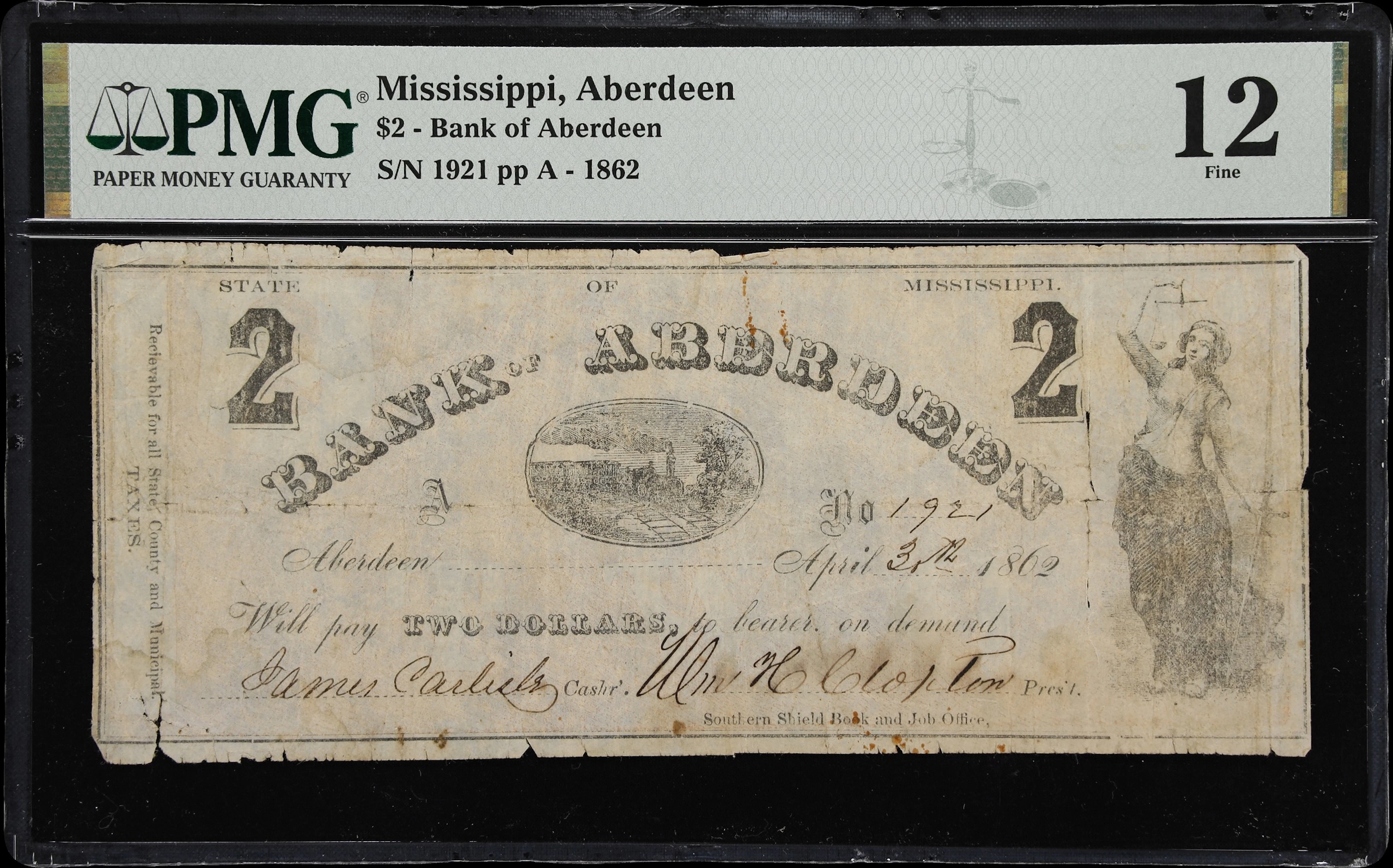 Aberdeen, Mississippi. Bank of Aberdeen. 1862 $2. PMG Fine 12.
