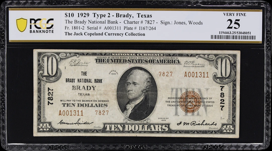 Brady, Texas. $10 1929 Ty. 2. Fr. 1801-2. Brady NB. Charter #7827.