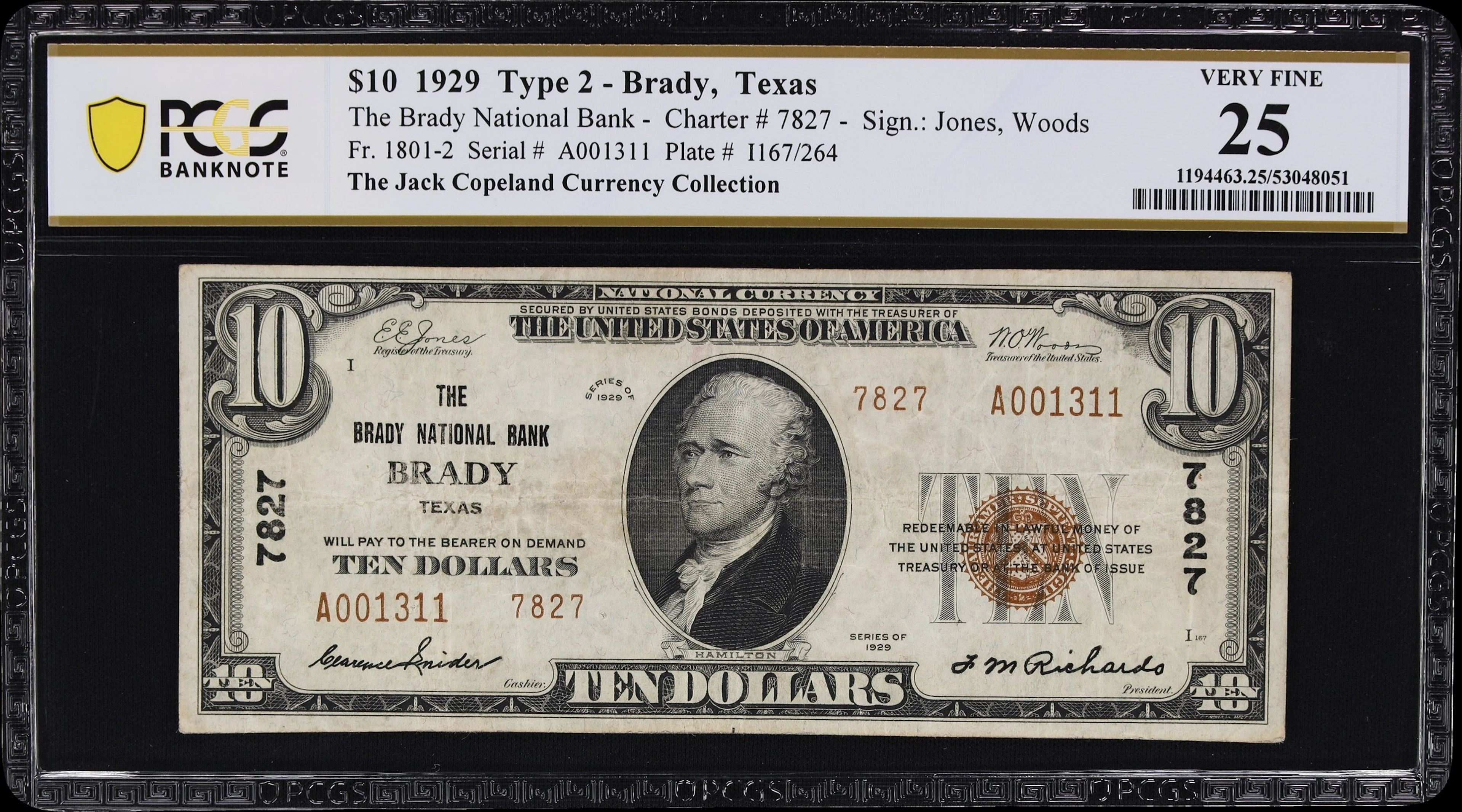 Brady, Texas. $10 1929 Ty. 2. Fr. 1801-2. Brady NB. Charter #7827.